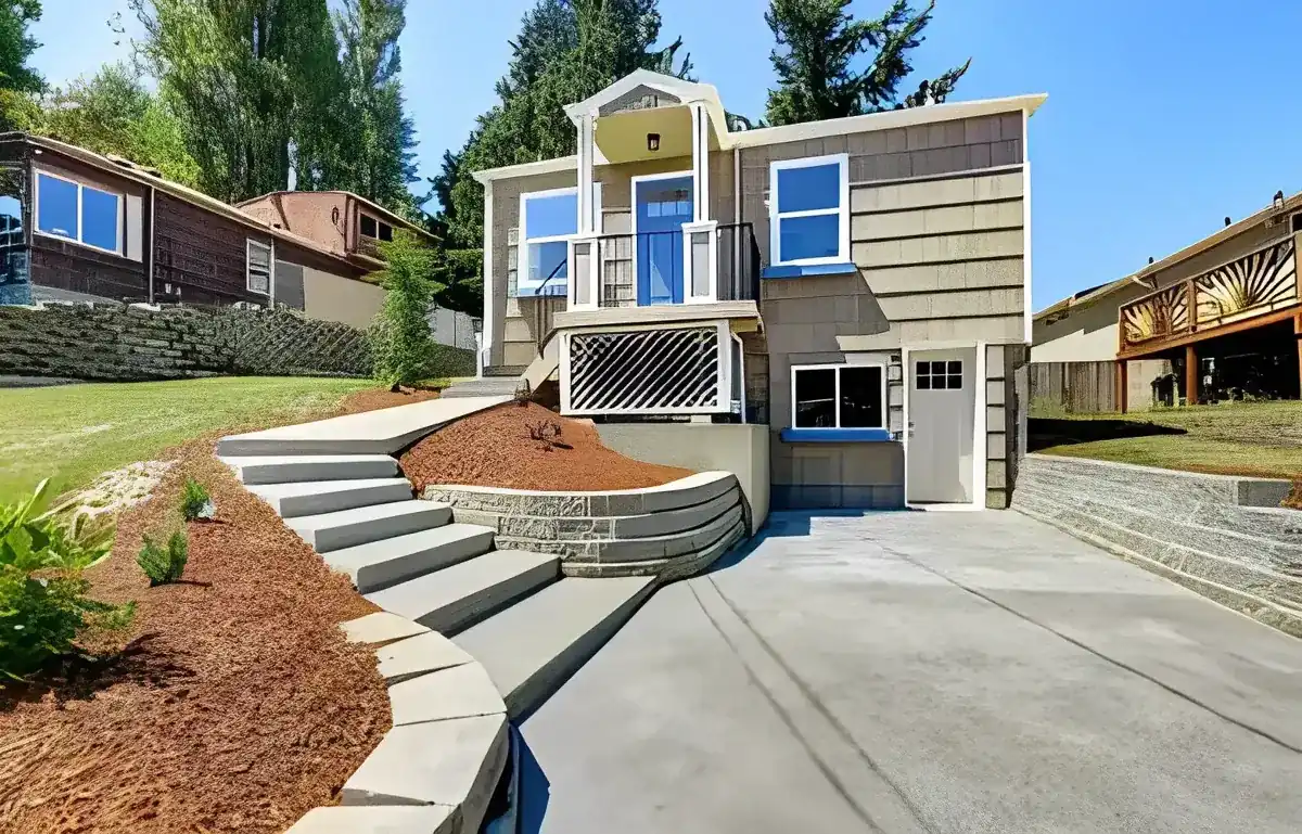concrete driveway and poured concrete steps up a sloped front yard in Seminole Manor