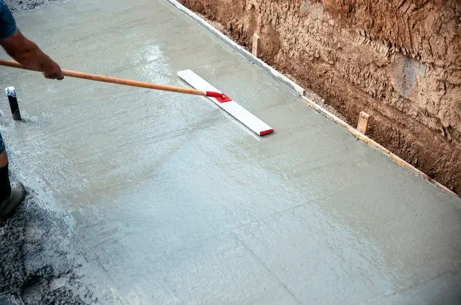 worker floating a new concrete slab inside wood forms in Palm Beach County
